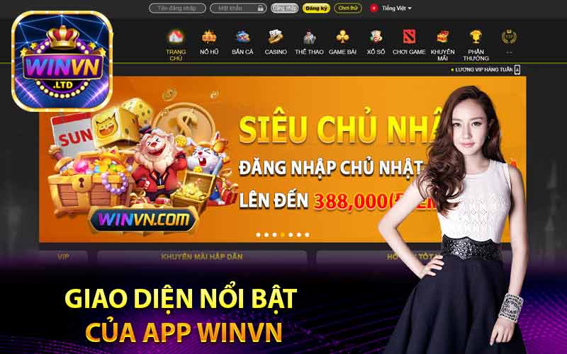 Giao diện nổi bật của app Winvn